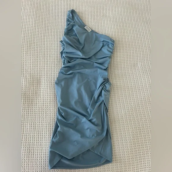 Medium Dusty Blue One Strap Ruched Midi Sexy Club Wedding Guest Bodycon Dress | Color: Blue | Size: M | Pm-24341723's Closet Medium Dusty Blue One Strap Ruched Midi Sexy Club Wedding Guest Bodycon Dress | Color: Blue | Size: M | Pm-24341723's Closet